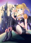  ayase_eli bat bat_wings birthday blonde_hair blue_eyes boots breasts candy cleavage food happy_birthday hat high_heel_boots high_heels highres long_hair love_live! love_live!_school_idol_project medium_breasts moon pink_scrunchie ponytail rama_(yu-light8) scrunchie sitting star_(sky) tongue tongue_out wings witch_hat 