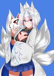  animal_ears azur_lane blue_eyes blush breasts eyebrows eyebrows_visible_through_hair highres japanese_clothes kaga_(azur_lane) kimono kitsune large_breasts looking_at_viewer mask short_hair silver_hair simple_background skirt smile solo standing tail takubon_(xewh4773) 