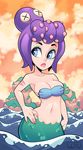  10s 1girl bare_arms bare_shoulders bikini blue_eyes breasts cala_maria_(cuphead) cleavage cloud cloud_sky cuphead_(game) giantess hand_on_hip lips medium_breasts mermaid monster_girl ocean parted_lips pose purple_hair shell shell_bikini solo stomach tentacle_hair water x_x 