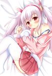  animal_ears ass azur_lane bed_sheet collarbone commentary_request fake_animal_ears hairband jacket kedama_(kedama_akaza) laffey_(azur_lane) long_hair looking_at_viewer lying parted_lips pleated_skirt red_eyes silver_hair skirt solo thighhighs twintails white_legwear zettai_ryouiki 