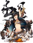  bangs black_hair blunt_bangs breasts closed_eyes flat_chest full_body garuku gloves hair_ornament long_hair midriff navel official_art open_mouth oshiro_project oshiro_project_re pantyhose pleated_skirt shigisan_(oshiro_project) skirt torn_clothes torn_legwear transparent_background underboob wavy_hair white_gloves 