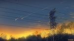  blue_sky commentary forest gradient_sky highres mclelun multicolored multicolored_sky nature no_humans original outdoors power_lines scenery shooting_star sky transmission_tower tree twilight yellow_sky 