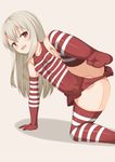  all_fours ass bare_shoulders blush breasts cameltoe commentary_request cosplay covered_navel covered_nipples elbow_gloves fate/kaleid_liner_prisma_illya fate_(series) gloves grey_hair illyasviel_von_einzbern leg_lift long_hair looking_at_viewer one-piece_swimsuit open_mouth red_gloves red_hair red_legwear red_swimsuit small_breasts smile solo striped striped_legwear swimsuit swimsuit_pull tenga toshishikisai 