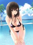  bangs beach bikini black_bikini blue_sky blush breasts brown_eyes brown_hair cleavage closed_mouth cloud cloudy_sky collarbone commentary_request day eyebrows_visible_through_hair halter_top halterneck hands_on_own_knees large_breasts leaning_forward long_hair looking_at_viewer navel nonaka_ritsu ocean original outdoors palm_tree side-tie_bikini sky smile solo swimsuit thighs tree 