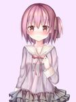  :| bad_id bad_pixiv_id bangs blush brown_eyes brown_ribbon closed_mouth collarbone commentary_request dress eyebrows_visible_through_hair frilled_dress frills hair_between_eyes hair_ribbon highres long_sleeves looking_at_viewer minato_tomoka one_side_up pink_background pink_dress pink_hair ribbon rou-kyuu-bu! school_uniform short_hair simple_background sleeve_cuffs solo tsuruse 