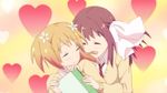  2girls blonde_hair canon couple cuddle eyes_closed flower hair_ornament hairclip happy heart hug long_hair multiple_girls necktie notebook official open_mouth pigtails pink_hair ribbon sakura_trick school_uniform screencap smile sonoda_yuu takayama_haruka uniform yuri 