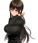  bangs black_sweater blush breasts brown_hair dress eyebrows_visible_through_hair glasses hand_in_hair hand_up large_breasts long_hair long_sleeves looking_at_viewer mole mole_under_eye parted_lips red_eyes ribbed_sweater sakuramachi_touko sasamori_tomoe semi-rimless_eyewear simple_background solo succubus_stayed_life sweater sweater_dress under-rim_eyewear upper_body white_background 