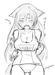  animal_ears blush breasts cleavage ears_down greyscale imaizumi_kagerou large_breasts leaning_forward long_hair looking_at_viewer monochrome nose_blush one-piece_swimsuit one_eye_closed open_mouth school_swimsuit sweatdrop swimsuit tail taurine_8000mg tears touhou translation_request twitter_username wolf_ears wolf_tail 