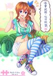  1girl :d bangs bitter_melon blue_eyes blush breast_tattoo breasts cabbage chinese cleavage commentary eggplant food front-tie_top fruit hair_between_eyes hair_ribbon highres large_breasts long_hair looking_at_viewer navel open_mouth orange_hair original pumpkin ribbon shirt shoes short_shorts short_sleeves shorts side_ponytail smile sneakers solo speech_bubble stomach striped striped_legwear suikakitsu_shiro tattoo thighhighs tied_shirt translated watermelon xia_you_qing 