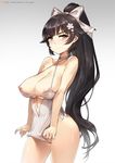  azur_lane bare_shoulders black_hair bow breasts brown_eyes center_opening choker cleavage closed_mouth contrapposto cowboy_shot criss-cross_halter eyebrows_visible_through_hair flower gao_(gaolukchup) gradient gradient_background hair_bow hair_flower hair_ornament halterneck high_ponytail large_breasts navel nipple_slip nipples one-piece_swimsuit patreon_username ponytail pussy_peek simple_background solo standing swimsuit swimsuit_lift takao_(azur_lane) 