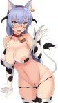  1girl animal_ears animal_print areolae bangs bell bell_collar bikini bikini_pull blue_eyes blue_hair blush breasts cat_ears collar collarbone cow_bell cow_print cow_tail cowboy_shot eyebrows_visible_through_hair fake_horns fang hairband highres large_breasts long_hair looking_at_viewer nipple_slip nipples nose_blush open_mouth original print_bikini pussy red_collar red_hairband ringed_eyes simple_background solo sonzai_soumei strap_pull swimsuit tail thighhighs uncensored white_background 