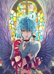  angel_wings black_neckwear blue_hair commentary commentary_request cross crossed_arms food indoors kaidou_shun male_focus navel pudding red_eyes saiki_kusuo saiki_kusuo_no_psi_nan stained_glass u_iii wings 