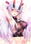  armpits arms_behind_head arms_up blush breasts commentary_request cowboy_shot fate/grand_order fate_(series) hair_between_eyes hair_ribbon highres horns large_breasts long_hair looking_at_viewer navel oni_horns open_mouth red_eyes ribbon sideboob silly_(marinkomoe) silver_hair solo tomoe_gozen_(fate/grand_order) 