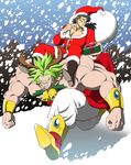  2boys 90s bracelet broly christmas dragon_ball dragonball_z dual_persona evil hat highres horns jewelry legendary_super_saiyan male_focus multiple_boys muscle no_pupils running santa_hat shinomiya_akino sitting smile snow super_saiyan 