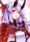  armor commentary_request fate/grand_order fate_(series) fujikiri_yana hachimaki hair_between_eyes hair_ribbon headband horns japanese_armor japanese_clothes long_hair looking_at_viewer oni_horns parted_lips pauldrons red_eyes red_ribbon ribbon silver_hair solo tomoe_gozen_(fate/grand_order) upper_body 