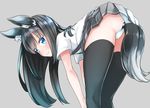  anal anal_object_insertion anal_tail animal_ears asashio_(kantai_collection) ass bent_over black_legwear blue_eyes blue_panties blush butt_plug closed_mouth comah commentary fake_tail fox_ears from_side grey_background grey_skirt hands_on_own_knees kantai_collection kemonomimi_mode long_hair looking_at_viewer looking_to_the_side object_insertion panties panties_aside pantyshot pantyshot_(standing) pleated_skirt shirt short_sleeves simple_background skirt solo standing suspender_skirt suspenders tail thighhighs underwear upskirt white_shirt 