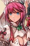  blue_eyes breasts cleavage clover dress elphelt_valentine four-leaf_clover guilty_gear guilty_gear_xrd hankuri hat jewelry large_breasts pink_hair pout short_hair solo spikes 