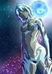  1girl antennae blue_eyes bodypaint breasts dark_skin frown full_moon gluteal_fold godzilla:_city_on_the_edge_of_battle godzilla:_monster_planet godzilla:_the_planet_eater godzilla_(series) houtua kyonne looking_at_viewer maina miana monster_girl moon multicolored_hair night nude polygon_pictures pubic_tattoo pussy sky small_breasts stars tattoo toho_(film_company) tribal tribal_tattoo two-tone_hair uncensored 