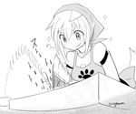  &gt;:) animal_ears apron bandana bangs blush_stickers chopping cutting_board dutch_angle eyebrows_visible_through_hair foreshortening from_below greyscale inubashiri_momiji monochrome motion_blur motion_lines smile sparkle tail taurine_8000mg touhou twitter_username v-shaped_eyebrows wolf_ears wolf_tail 