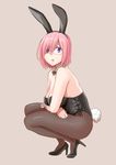  ac_butsupa animal_ears bare_shoulders black_leotard bow bowtie breasts bunny_ears bunny_tail bunnysuit cleavage detached_collar fake_animal_ears fate/grand_order fate_(series) fishnet_pantyhose fishnets glasses high_heels highres large_breasts leotard looking_at_viewer mash_kyrielight open_mouth pantyhose pink_hair purple_eyes short_hair simple_background solo squatting tail wrist_cuffs 