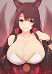  akagi_(azur_lane) animal_ears azur_lane bangs bare_shoulders black_hair blush breasts cleavage collarbone commentary_request detached_sleeves fox_ears fox_tail kuavera large_breasts long_hair looking_at_viewer multiple_tails parted_lips red_eyes smile solo tail upper_body 