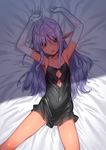  :o arms_up babydoll bangs bed_sheet black_babydoll covered_navel dark_skin elbow_gloves elf empty_eyes eyebrows_visible_through_hair flat_chest gloves h_kasei legs_apart lingerie long_hair looking_at_viewer lying on_back original petite pointy_ears red_eyes sidelocks silver_hair solo underwear white_gloves 