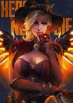 absurdres alternate_costume apple blonde_hair blue_eyes book bracelet breasts brown_gloves cleavage earrings eating elbow_gloves food fruit gloves hat highres jack-o'-lantern jack-o'-lantern_earrings jewelry large_breasts looking_at_viewer mechanical_wings mercy_(overwatch) monori_rogue overwatch parted_lips solo strap wings witch_hat witch_mercy 