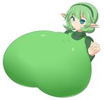  1girl blue_eyes blush breasts gigantic_breasts green_hair headband jcdr kokiri pointy_ears saria short_hair smile solo the_legend_of_zelda the_legend_of_zelda:_ocarina_of_time 