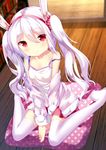  animal_ears azur_lane bangs bare_shoulders between_legs blurry blush book bookshelf breasts bunny_ears camisole chinomaron collarbone commentary_request depth_of_field eyebrows_visible_through_hair hair_between_eyes hair_over_one_eye hairband hand_between_legs highres jacket laffey_(azur_lane) long_hair long_sleeves looking_at_viewer off_shoulder pink_jacket pleated_skirt polka_dot purple_hair red_eyes red_hairband red_skirt sitting skirt small_breasts solo strap_slip thighhighs twintails very_long_hair wariza wavy_hair wooden_floor zettai_ryouiki 