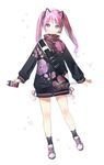  :&lt; artist_name bag bangs blue_eyes case cellphone closed_mouth floral_print full_body gomzi jacket legs_apart long_hair looking_at_viewer original phone pink_hair pom_pom_(clothes) shoulder_bag sidelocks signature simple_background smartphone solo standing star starry_background strap tareme twintails white_background 