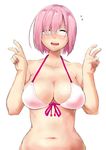  absurdres ac_butsupa adapted_costume bare_shoulders bikini blush breasts cleavage closed_eyes double_v fate/grand_order fate_(series) flying_sweatdrops front-tie_top glasses halterneck highres large_breasts mash_kyrielight navel open_mouth pink_hair shiny shiny_hair short_hair simple_background solo swimsuit swimsuit_of_perpetual_summer upper_body v white_background 