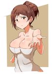  :t absurdres blush breasts brown_eyes brown_hair cleavage closed_mouth collarbone commentary cropped_torso eyebrows_visible_through_hair highres idolmaster idolmaster_million_live! j.roswel kitazawa_shiho large_breasts looking_at_viewer naked_towel outside_border pout simple_background solo towel white_towel 