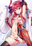  armor armpits bikini_armor black_legwear blue_eyes breasts elizabeth_bathory_(brave)_(fate) elizabeth_bathory_(fate)_(all) eyebrows_visible_through_hair fang fate/grand_order fate_(series) fukuda_shuushi gauntlets highres holding holding_shield holding_sword holding_weapon horns long_hair looking_at_viewer medium_breasts navel open_mouth pink_hair red_armor shield silver_trim smile solo sword thighhighs weapon 