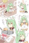  ^_^ ahoge akashi_(azur_lane) animal_ears azur_lane box cat_ears closed_eyes commentary_request gift gift_box green_hair hair_between_eyes hair_ornament hairclip hand_on_another's_head inori_(xyz5568) long_hair multiple_views petting smile translated very_long_hair yellow_eyes 