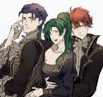  2boys blue_hair eliwood_(fire_emblem) fangs fire_emblem fire_emblem:_rekka_no_ken green_eyes green_hair hat hector_(fire_emblem) high_ponytail highres hug long_hair lyndis_(fire_emblem) mob_cap multiple_boys ormille ponytail red_hair short_hair vampire 