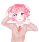  blush brown_jacket doki_doki_literature_club finger_gun hair_ornament hair_ribbon hairclip happy jacket natsuki_(doki_doki_literature_club) pink_eyes pink_hair ribbon shirt smile white_shirt 