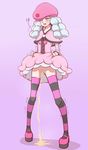  10s 1girl :d blue_eyes blush cabbie_hat capelet dress dress_lift embarrassed female full_body happinesscharge_precure! hat hosshiwa lavender_background lifted_by_self long_hair no_panties ogry_ching open_mouth peeing platform_footwear precure pussy ringlets shoes silver_hair simple_background smile solo standing striped striped_legwear sweatdrop thighhighs trembling uncensored 