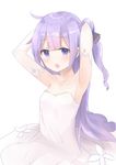  :o absurdres armpits arms_up azur_lane bangs bare_shoulders black_ribbon blush collarbone commentary detached_sleeves dress eyebrows_visible_through_hair flower hair_bun hair_ribbon highres long_hair looking_at_viewer natsu_(sinker8c) one_side_up open_mouth purple_eyes purple_hair ribbon side_bun simple_background solo strapless strapless_dress unicorn_(azur_lane) very_long_hair white_background white_dress 