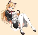  animal_ears apron black_dress black_footwear blonde_hair blue_eyes cat_ears cat_tail dress frilled_apron frills full_body funmatu long_hair maid maid_headdress neck_ribbon orange_background original red_ribbon ribbon simple_background solo tail white_apron 