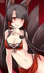  :d akagi_(azur_lane) animal_ears azur_lane bikini black_hair blood_on_fingers breasts cleavage collarbone eyeshadow fox_ears fox_tail hair_tubes hebitsukai-san highres large_breasts long_hair looking_at_viewer makeup multiple_tails navel open_mouth red_bikini red_eyes slit_pupils smile smirk solo swimsuit tail very_long_hair 