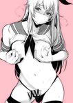  blush censored collarbone condom condom_on_penis contrapposto crossdressing genderswap genderswap_(ftm) heavy_breathing highres inari_(inariya) kantai_collection legs_apart long_hair looking_to_the_side male_focus mask monochrome nipple_tweak nipples otoko_no_ko penis pink_background revision shimakaze-kun shimakaze_(kantai_collection) shirt_lift simple_background skindentation solo standing surgical_mask sweat thong used_condom 