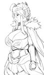  ahoge armor artoria_pendragon_(all) artoria_pendragon_(lancer) bangs braid breasts cape cleavage cleavage_cutout closed_mouth commentary_request cowboy_shot crown eyebrows_visible_through_hair fate/grand_order fate_(series) faulds from_side fur-trimmed_cape fur_trim gauntlets greyscale huge_breasts long_hair monochrome obmas_(pfeito) profile simple_background solo standing white_background 