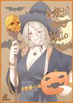  bat blush border bracelet breasts brown_background brown_eyes choker cleavage commentary_request crescent_moon dated earrings eyebrows_visible_through_hair fangs fangs_out grey_hair halloween halloween_costume hat highres holding holding_staff jewelry kunami_himehiko large_breasts long_hair moon necklace no_bra orange_border original pumpkin red_lips ring sideboob signature skull smile solo staff upper_body witch_hat 