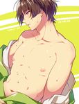  adam's_apple arm_support blush brown_hair collarbone eyeliner ishikirimaru japanese_clothes makeup male_focus navel nipples off_shoulder parted_lips pectorals purple_eyes ryouji_(dnpj) shirtless solo sweat touken_ranbu twitter_username upper_body 