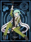  anti-materiel_rifle black_footwear blue_eyes blue_hair breasts cleavage full_body gabiran green_legwear gun hair_ornament hairclip looking_at_viewer medium_breasts pants pgm_hecate_ii rifle scarf short_hair sinon sniper_rifle solo sword_art_online weapon 