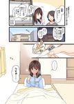 2girls bangs black_hair blanket blue_pajamas blush brown_hair check_commentary closed_eyes comic commentary_request digital_thermometer fever food heavy_breathing long_sleeves mother_and_daughter mouth_hold multiple_girls niichi_(komorebi-palette) notice_lines original popsicle spoken_ellipsis sweatdrop thermometer towel towel_on_head translated under_covers 