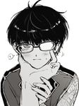  ? black_hair blush chishio_(jjojj) closed_mouth earrings face_grab glasses hair_behind_eyewear hands_on_another's_wrists jewelry kotegiri_gou long_sleeves looking_at_viewer male_focus mole mole_under_eye one_eye_covered out_of_frame pov pov_hands simple_background spoken_question_mark stud_earrings sweat touken_ranbu upper_body white_background 