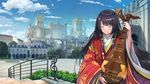  bangs biwa_lute black_hair blue_sky blunt_bangs blush building castle city closed_eyes cloud cloudy_sky colorful day dmm facing_viewer fountain gate girls_symphony highres instrument instrument_request japanese_clothes karaginu_mo kimono layered_clothing layered_kimono long_hair long_sleeves lute lute_(instrument) multicolored multicolored_clothes multicolored_kimono outdoors palace railing red_kimono sky skyline smile solo stairs tree wallpaper wide_sleeves 