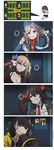  4koma black_hair blue_eyes comic covering_ears fal_(girls_frontline) girls_frontline heterochromia highres long_hair makarov_(girls_frontline) megaphone multicolored_hair multiple_girls orange_eyes prehensile_hair qbz-97_(girls_frontline) red_eyes ro635_(girls_frontline) silver_hair smile sparkle streaked_hair translated twintails xiujia_yihuizi yellow_eyes 