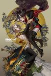  black_hair blackbird carciphona commentary floral_print highres multiple_girls official_art shilin veloce_visrin white_hair 